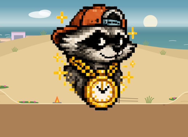 Digger!! Sunset Dunes title art: the raccoon over the dunes